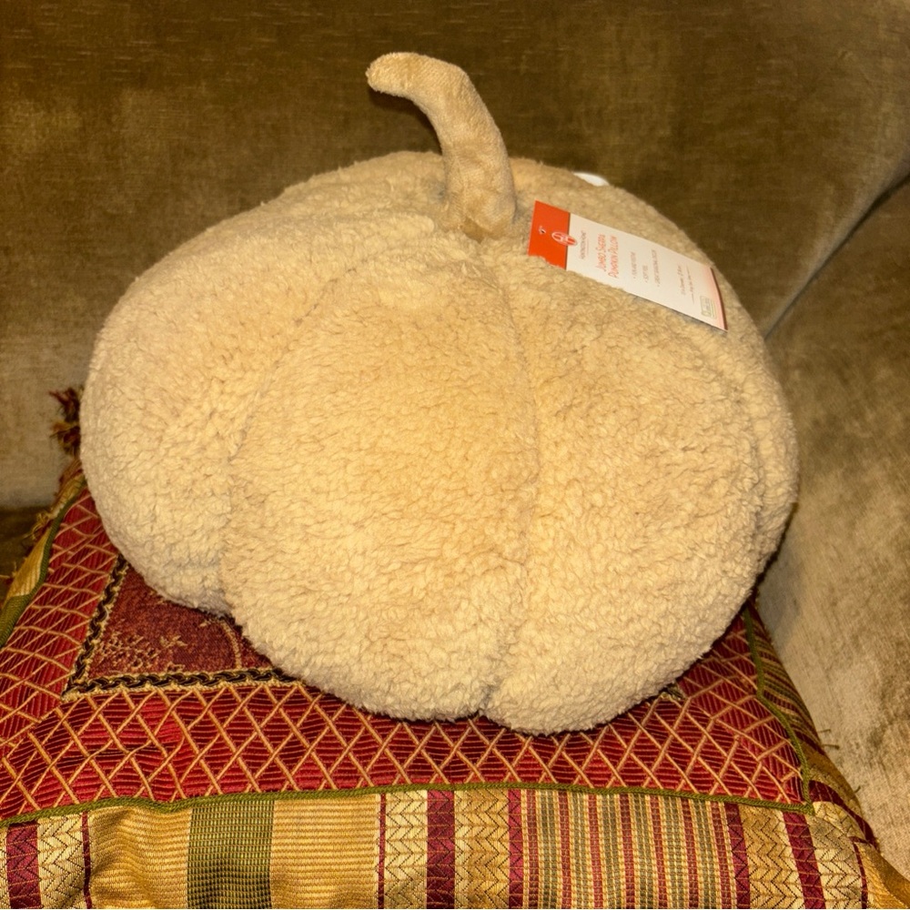 Teddy Fleece Pumpkin Throw Pillow Ultra Soft Sherpa 15”x 12" Tan NWT fall autum